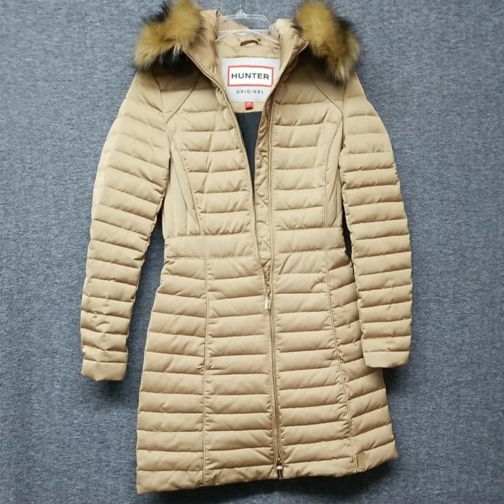 Hunter Woman's Lined Full Zip Tan Hooded Long Puff Coat Size XS